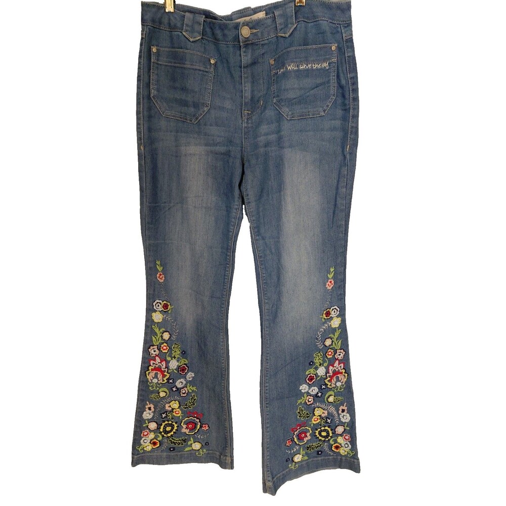 Sheryl Crow Jeans Womens 10 Embroidered Floral Flare Love Will Save The Day Boho